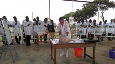 © 2016 AU-IBAR. Demonstration of embryo flushing using an extracted uterus (Entebbe, Uganda).